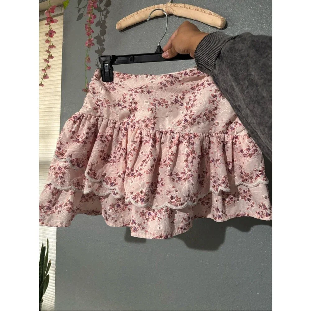 Pink Floral Eyelet Lace Ruffle Mini Skirt Cottagecore Coquette Romantic